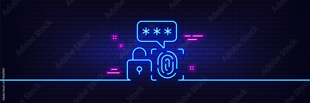 Neon light glow effect. Biometric security line icon. Fingerprint scan sign. Privacy data symbol. 3d line neon glow icon. Brick wall banner. Biometric security outline. Vector Neon light glow effect. Biometric security line icon. Fingerprint scan sign. Privacy data symbol. 3d line neon glow icon. Brick wall banner. Biometric security outline. Vector