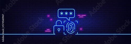 Neon light glow effect. Biometric security line icon. Fingerprint scan sign. Privacy data symbol. 3d line neon glow icon. Brick wall banner. Biometric security outline. Vector © blankstock
