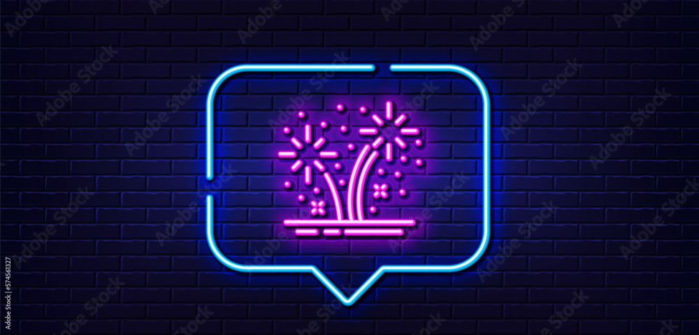 Neon light speech bubble. Fireworks line icon. Pyrotechnic salute sign. Carnival celebration lights symbol. Neon light background. Fireworks glow line. Brick wall banner. Vector Neon light speech bubble. Fireworks line icon. Pyrotechnic salute sign. Carnival celebration lights symbol. Neon light background. Fireworks glow line. Brick wall banner. Vector