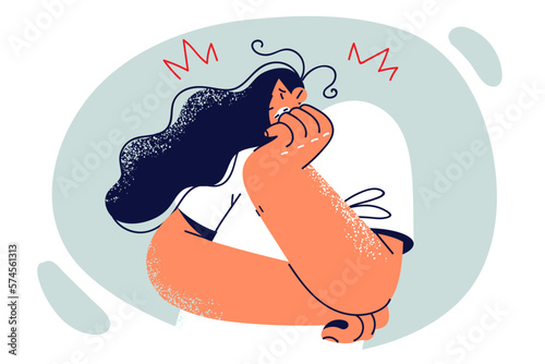 Nervous woman with phobia bites nails after learning about upcoming problems associated 