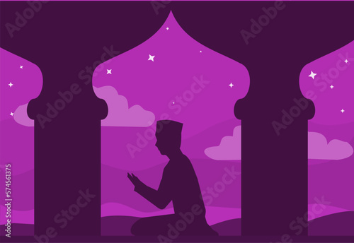 SILHOUETTE OF A MUSLIM RAISING HIS HAND FOR PRAYING AT NIGHT IN THE MOSQUE DURING RAMADAN