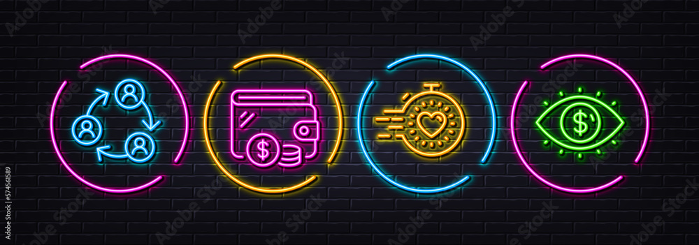 Teamwork, Wallet and Timer minimal line icons. Neon laser 3d lights. Business vision icons. For web, application, printing. Business conference, Cash money, Deadline management. Vector
