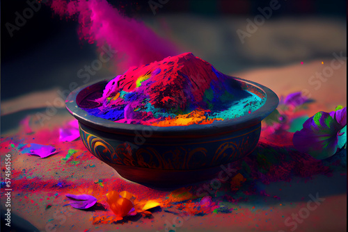 illustration of bowl with holi dust splashing on black background © terra.incognita