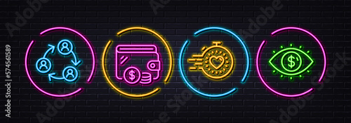 Teamwork, Wallet and Timer minimal line icons. Neon laser 3d lights. Business vision icons. For web, application, printing. Business conference, Cash money, Deadline management. Vector