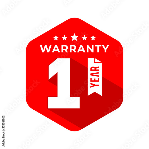 1 Year Warranty Seal With Hexagon Concept and Long Shadow Effect. Icon. Stamp. Sticker. Logo. Vector Illustration