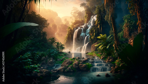 generative ai illustration of Tropical rainforest with waterfalls in sunset, depth of field photo