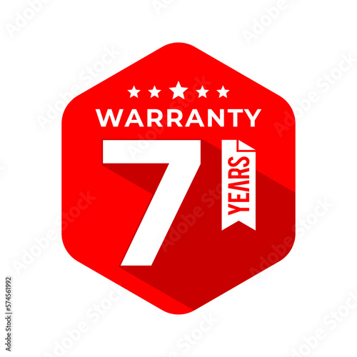 7 Years Warranty Seal With Hexagon Concept and Long Shadow Effect. Icon. Stamp. Sticker. Logo. Vector Illustration