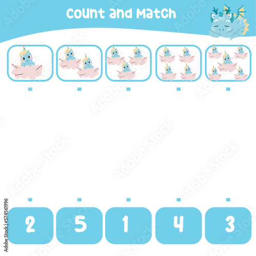 Count and match the images with the number worksheet for preschool kids. Educational printable math worksheet. Math game for children. Cute and kawaii baby dragon and unicorn edition. Vector file. 