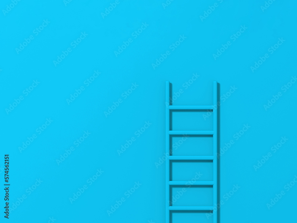 Blue staircase on blue background. Staircase stands vertically near wall. Way to success concept. Horizontal image. 3d image. 3D rendering.