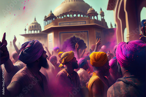 illustration of crowd people having fun on holi celebrating outdoor in India. AI