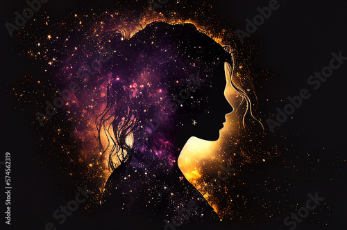 Abstract of silhouette person meditation enlightenment universe background, wisdom of light, mindful and spiritual concept, Generative Ai