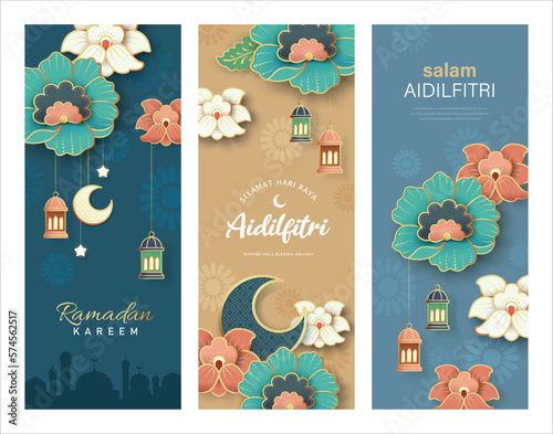 Set of Islamic festival banner design with flowers, lanterns and frames,  suitable for Ramadan Kareem , Hari Raya, Eid Mubarak, Eid al Adha.