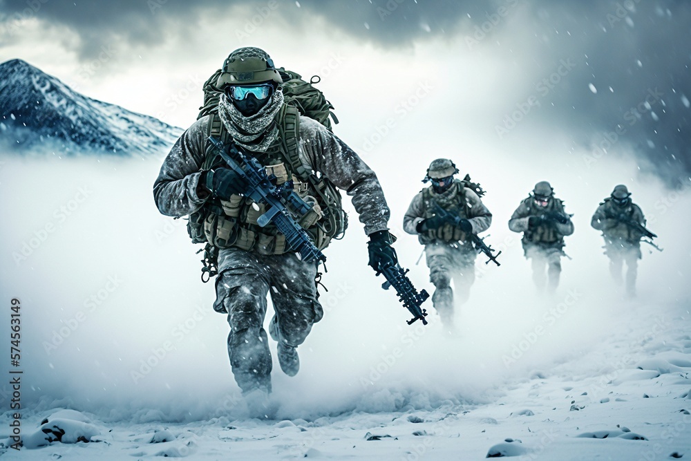 Special Forces Team Executing Mission in Snowy Mountain Range Stock ...