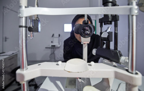 Εκτύπωση καμβά Optometry, healthcare and optometrist doing eye test in the clinic for eyecare and vision wellness
