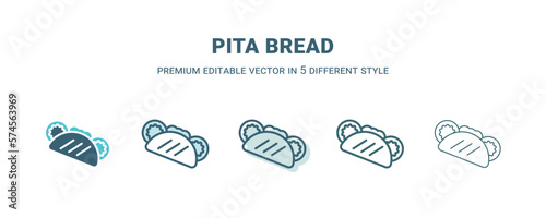pita bread icon in 5 different style. Outline, filled, two color, thin pita bread icon isolated on white background. Editable vector can be used web and mobile