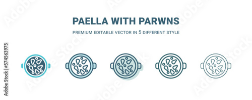 paella with parwns icon in 5 different style. Outline, filled, two color, thin paella with parwns icon isolated on white background. Editable vector can be used web and mobile