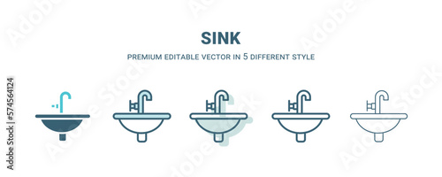 sink icon in 5 different style. Outline, filled, two color, thin sink icon isolated on white background. Editable vector can be used web and mobile