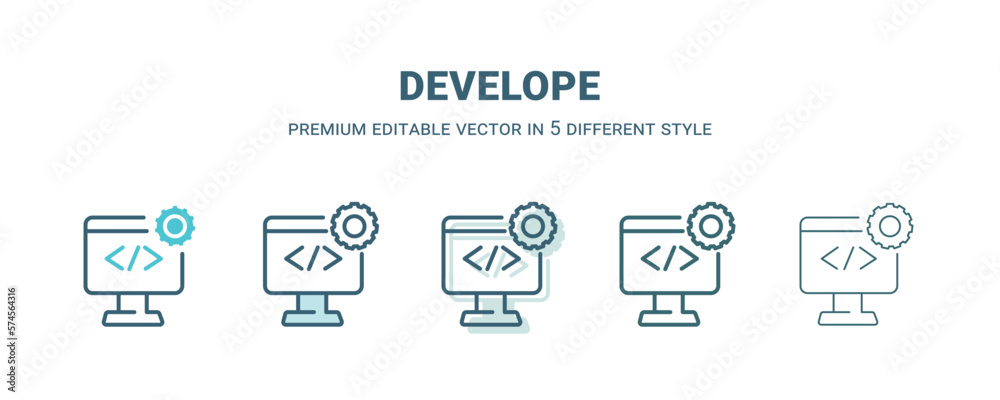 develope icon in 5 different style. Outline, filled, two color, thin develope icon isolated on white background. Editable vector can be used web and mobile develope icon in 5 different style. Outline, filled, two color, thin develope icon isolated on white background. Editable vector can be used web and mobile
