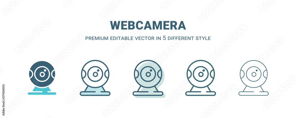 webcamera icon in 5 different style. Outline, filled, two color, thin webcamera icon isolated on white background. Editable vector can be used web and mobile