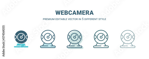 webcamera icon in 5 different style. Outline, filled, two color, thin webcamera icon isolated on white background. Editable vector can be used web and mobile