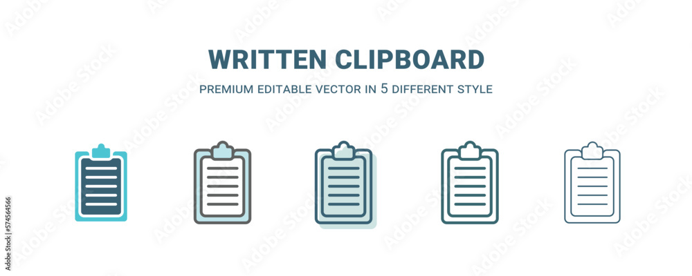 written clipboard icon in 5 different style. Outline, filled, two color, thin written clipboard icon isolated on white background. Editable vector can be used web and mobile written clipboard icon in 5 different style. Outline, filled, two color, thin written clipboard icon isolated on white background. Editable vector can be used web and mobile
