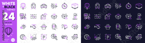 Waves, Packing boxes and Taxi line icons for website, printing. Collection of Train, Parking, Delivery box icons. Open box, Luggage insurance, Search flight web elements. Bumper cars. Vector