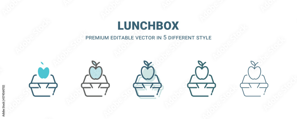 lunchbox icon in 5 different style. Outline, filled, two color, thin lunchbox icon isolated on white background. Editable vector can be used web and mobile