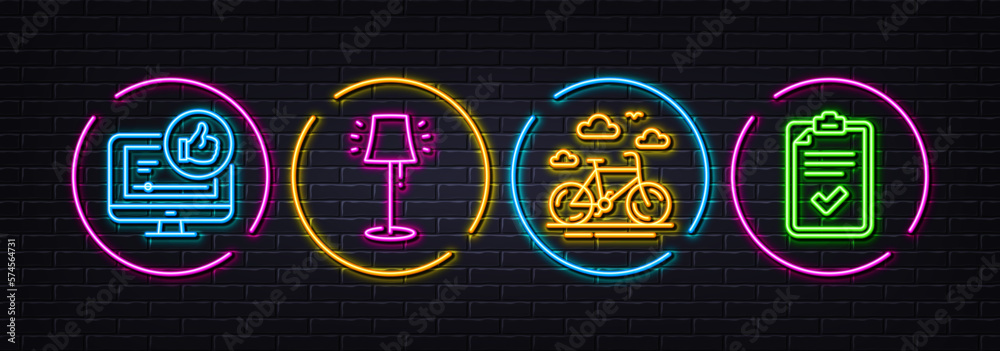 Like video, Bike rental and Stand lamp minimal line icons. Neon laser 3d lights. Checklist icons. For web, application, printing. Thumbs up, Bicycle, Floor lamp. Survey. Neon lights buttons. Vector