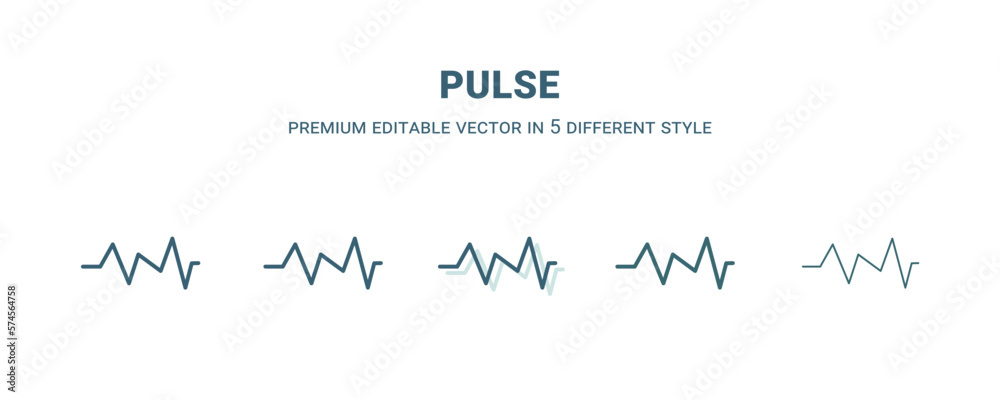 pulse icon in 5 different style. Outline, filled, two color, thin pulse icon isolated on white background. Editable vector can be used web and mobile