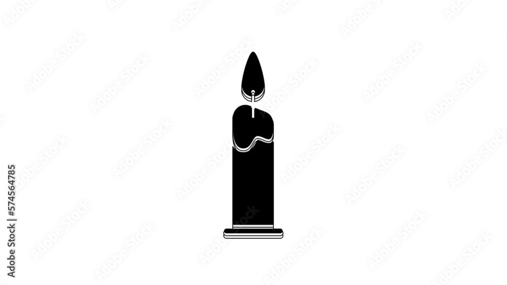 Black Burning candle in candlestick icon isolated on white background. Cylindrical candle stick with burning flame. 4K Video motion graphic animation Black Burning candle in candlestick icon isolated on white background. Cylindrical candle stick with burning flame. 4K Video motion graphic animation