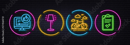 Like video, Bike rental and Stand lamp minimal line icons. Neon laser 3d lights. Checklist icons. For web, application, printing. Thumbs up, Bicycle, Floor lamp. Survey. Neon lights buttons. Vector