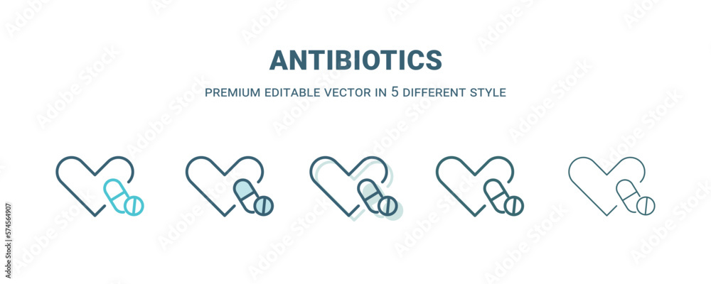 antibiotics icon in 5 different style. Outline, filled, two color, thin antibiotics icon isolated on white background. Editable vector can be used web and mobile