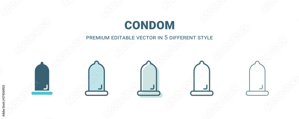 condom icon in 5 different style. Outline, filled, two color, thin condom icon isolated on white background. Editable vector can be used web and mobile - obrazy, fototapety, plakaty 