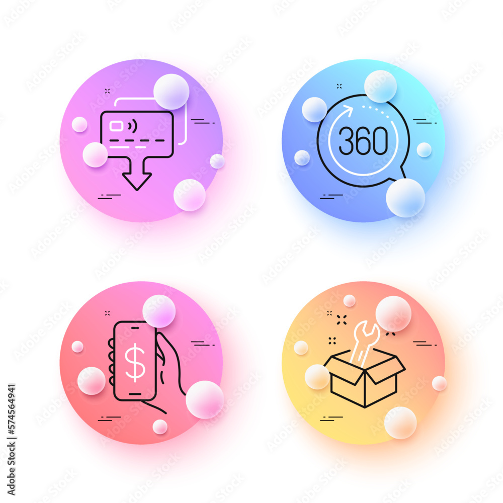 360 degrees, Card and Spanner minimal line icons. 3d spheres or balls buttons. Money app icons. For web, application, printing. Full rotation, Send payment, Repair service. Smartphone cash. Vector