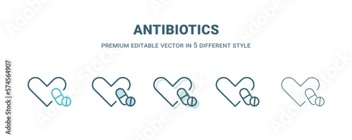 antibiotics icon in 5 different style. Outline, filled, two color, thin antibiotics icon isolated on white background. Editable vector can be used web and mobile