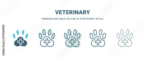 veterinary icon in 5 different style. Outline  filled  two color  thin veterinary icon isolated on white background. Editable vector can be used web and mobile