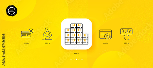 Seo targeting, Cashback and Difficult stress minimal line icons. Yellow abstract background. Wholesale inventory, Buying icons. For web, application, printing. Vector