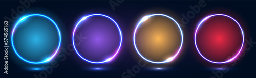 A set of neon frames with shining effects, highlights on a dark background. Round futuristic modern neon glowing banners. Vector EPS 10.