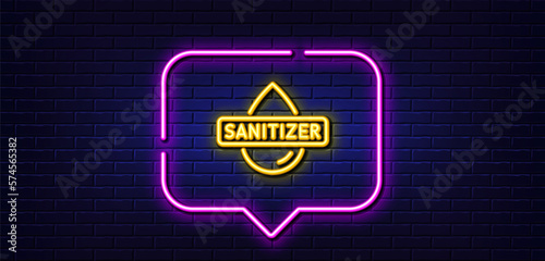 Neon light speech bubble. Hand sanitizer line icon. Sanitary cleaning sign. Washing hands symbol. Neon light background. Hand sanitizer glow line. Brick wall banner. Vector