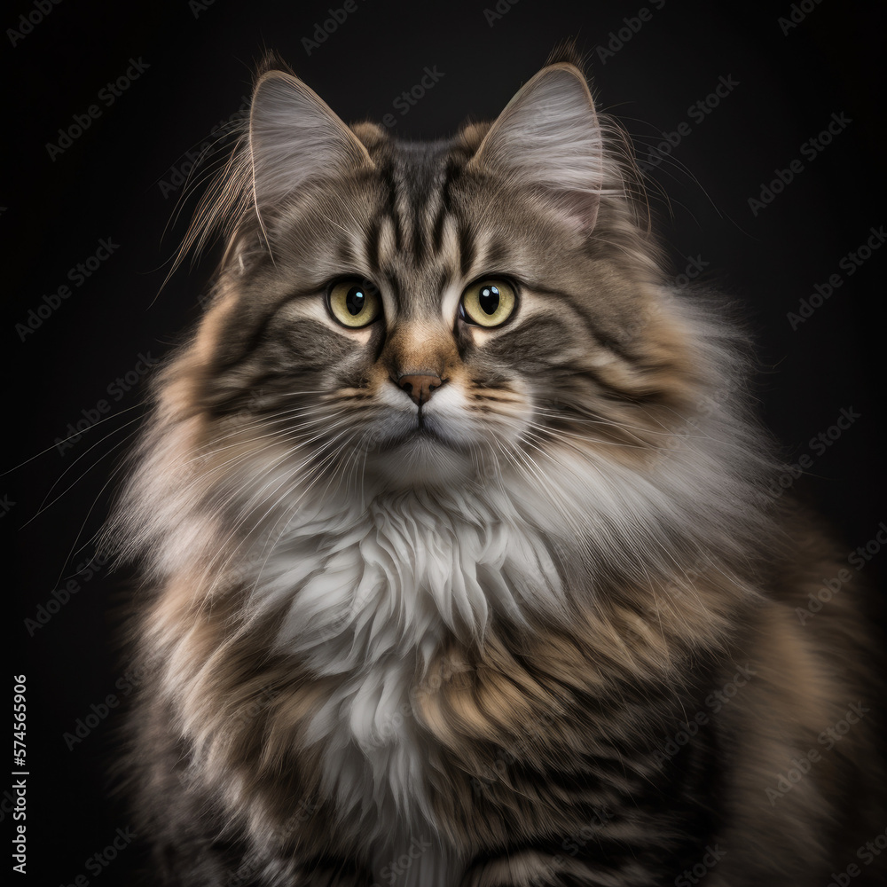 Generative AI plush Norwegian forest cat Cat on black background Generative AI plush Norwegian forest cat Cat on black background