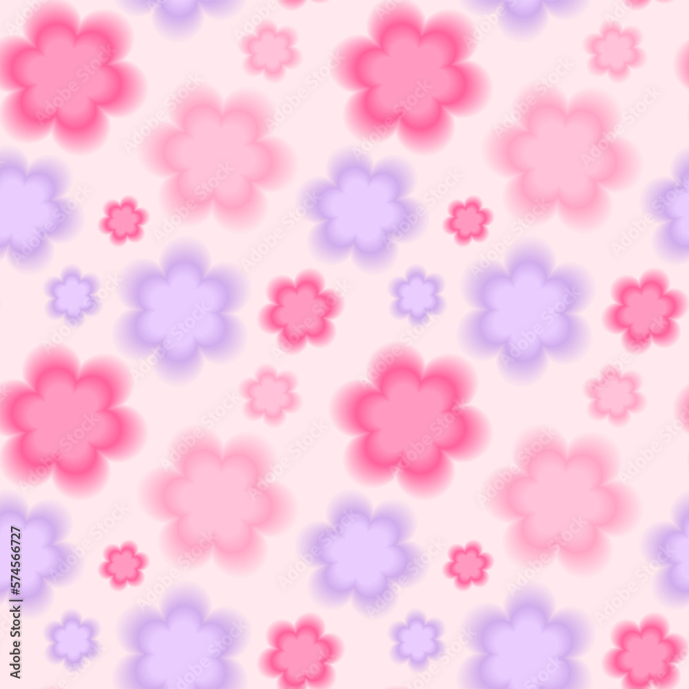 Trendy seamless pattern with y2k blurred gradient pastel daisy flower on pink background. Abstract geometric background.