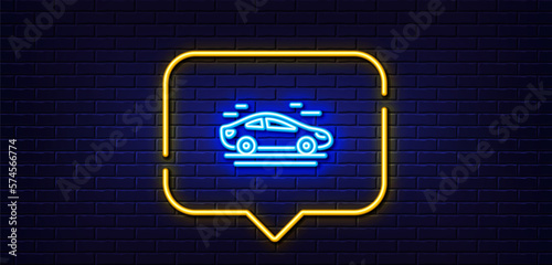 Neon light speech bubble. Car transport line icon. Transportation vehicle sign. Driving symbol. Neon light background. Car glow line. Brick wall banner. Vector