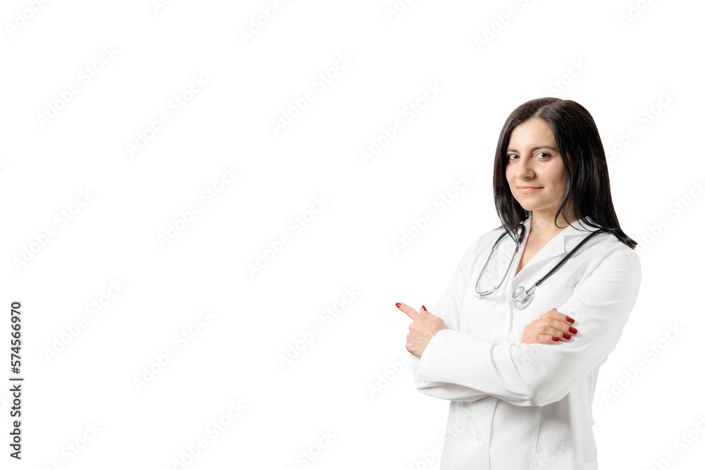 Portrait of an attractive young female doctor in white coat with stethoscope, isolated on transparent background, medical concept Portrait of an attractive young female doctor in white coat with stethoscope, isolated on transparent background, medical concept