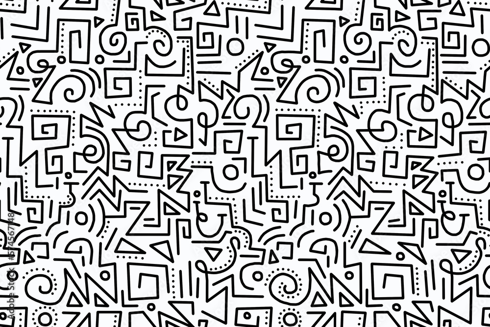 The drawing is hand-drawn with black geometric chaotic lines on a white background.Seamless pattern.