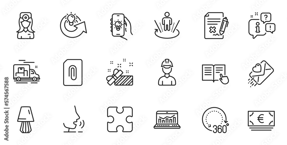 Outline set of Share idea, Euro currency and Present line icons for web application. Talk, information, delivery truck outline icon. Vector