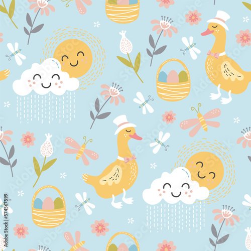 blue pattern easter spring sun basket with easter eggs vector