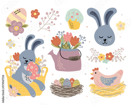a set of cute vector illustrations on the theme of easter bunny on a basket of flowers hen and colored eggs