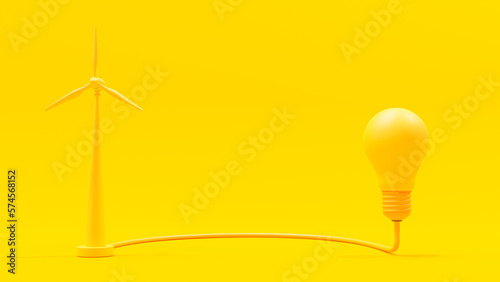 Yellow bulb On yellow background with turbine to generate electricity. Space for text or banner. Designed in minimal concept, 3D Render.