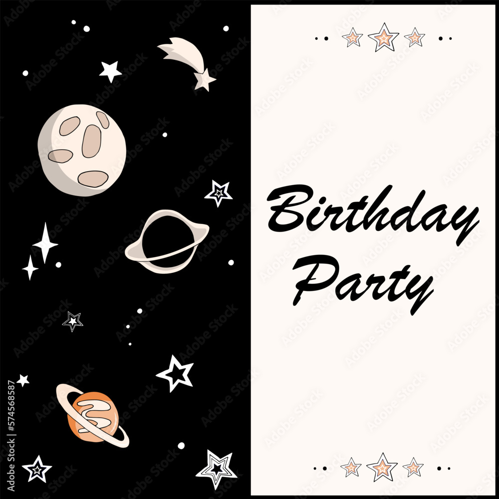 Invitation card with space elements planets, black hole, stars and copy space. Cartoon vector illustration for card, book cover, print.