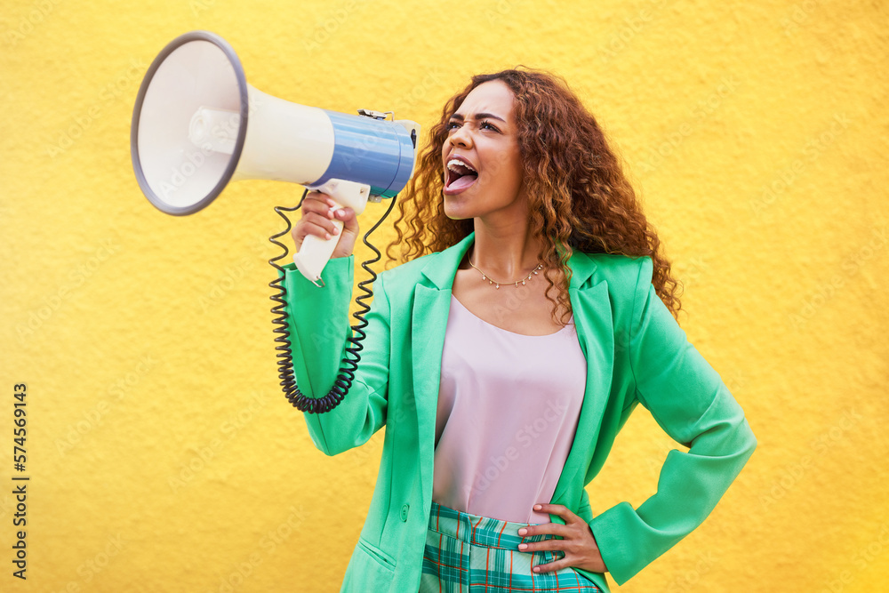 Megaphone, woman and shouting on yellow background of speech, broadcast and protest noise. Female, announcement and screaming voice for justice, news and attention of opinion, gen z speaker and power - obrazy, fototapety, plakaty 